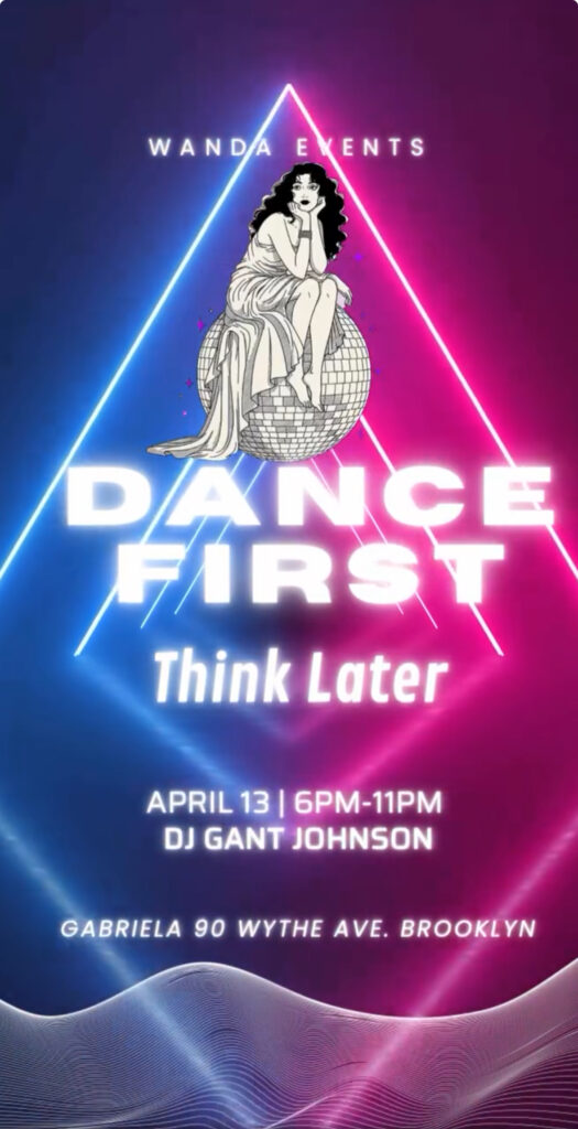 invitation for dance party with a woman sitting on a disco ball. dance now think later at gabriela in williamsburg